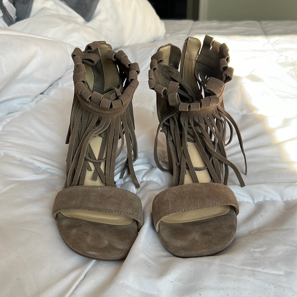 Suede block heel fringe sandals.  Matiko x Free People - Picture 3 of 10